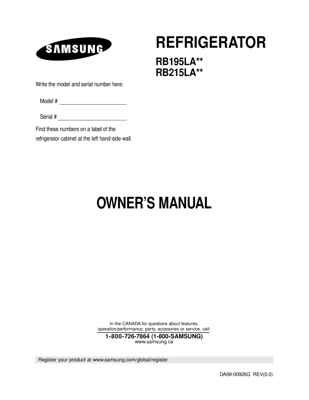 Samsung RB195LA, RB215LA owner manual Refrigerator, DA99-00926G REV0.0 