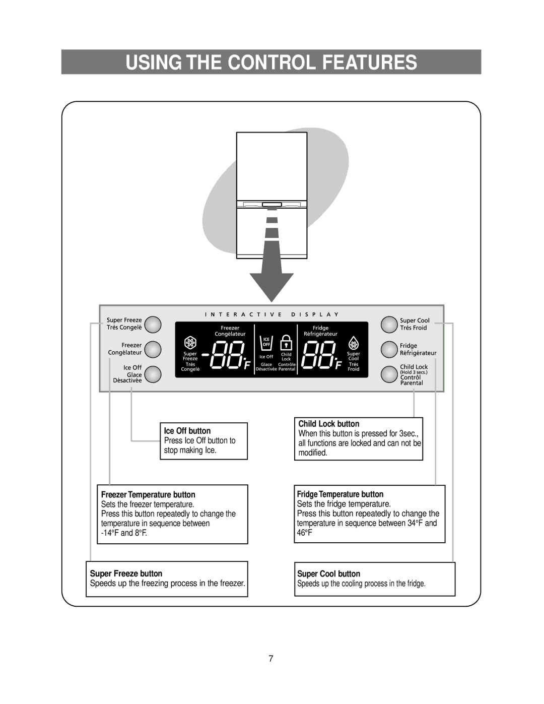 Samsung RB195LA Using the Control Features, Ice Off button, Super Freeze button, Child Lock button, Super Cool button 