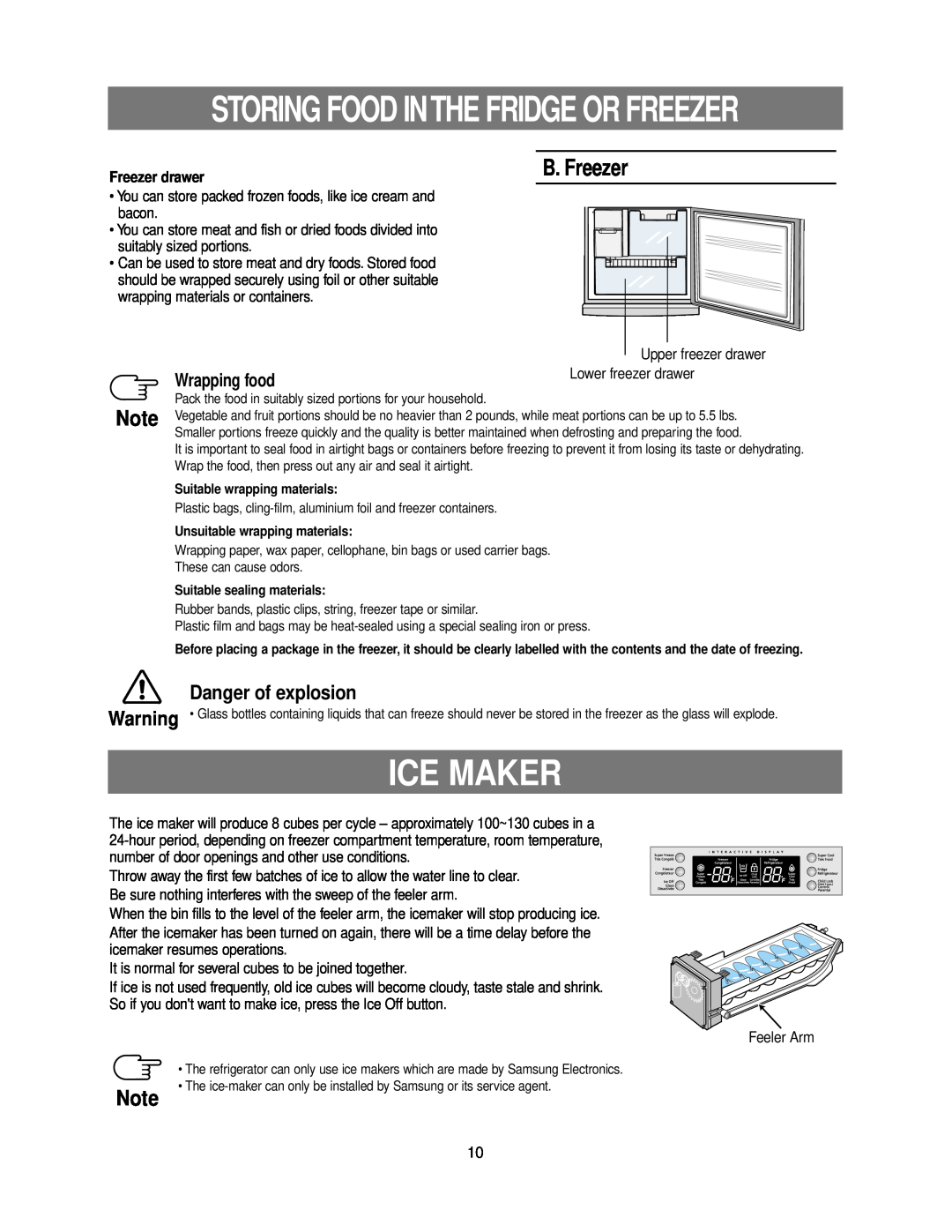 Samsung RB215LA, RB195LA owner manual Ice Maker, B. Freezer, Danger of explosion, Wrapping food, Freezer drawer 