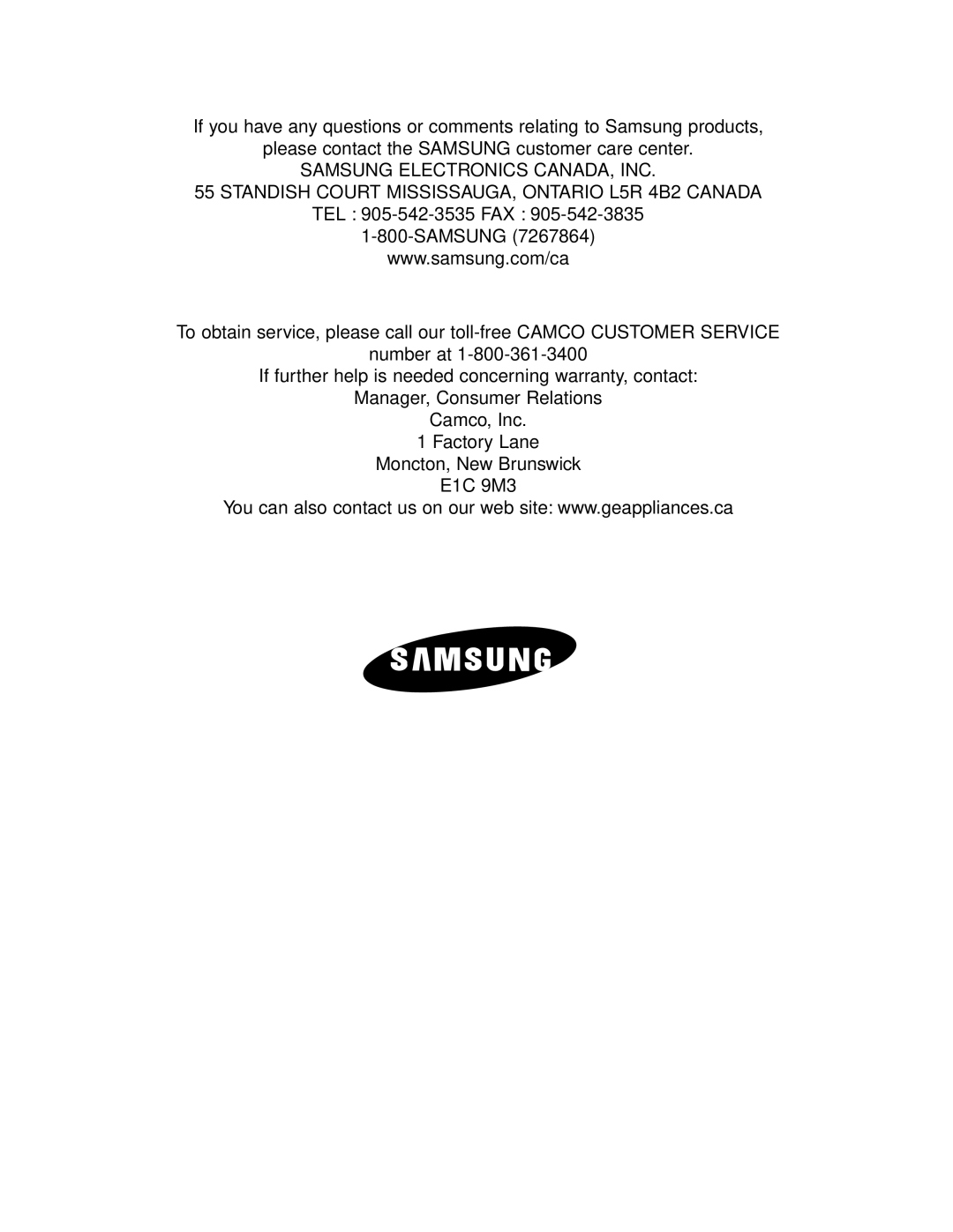 Samsung RB215LA If you have any questions or comments relating to Samsung products, Samsung Electronics Canada, Inc 