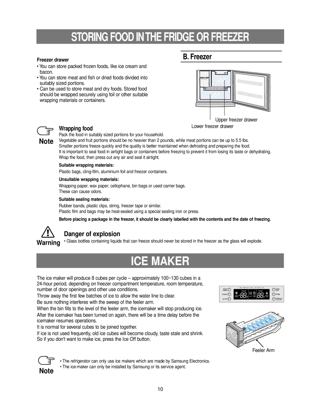 Samsung RB215LABP, RB215LASH owner manual ICE Maker, Freezer drawer, Upper freezer drawer, Lower freezer drawer 