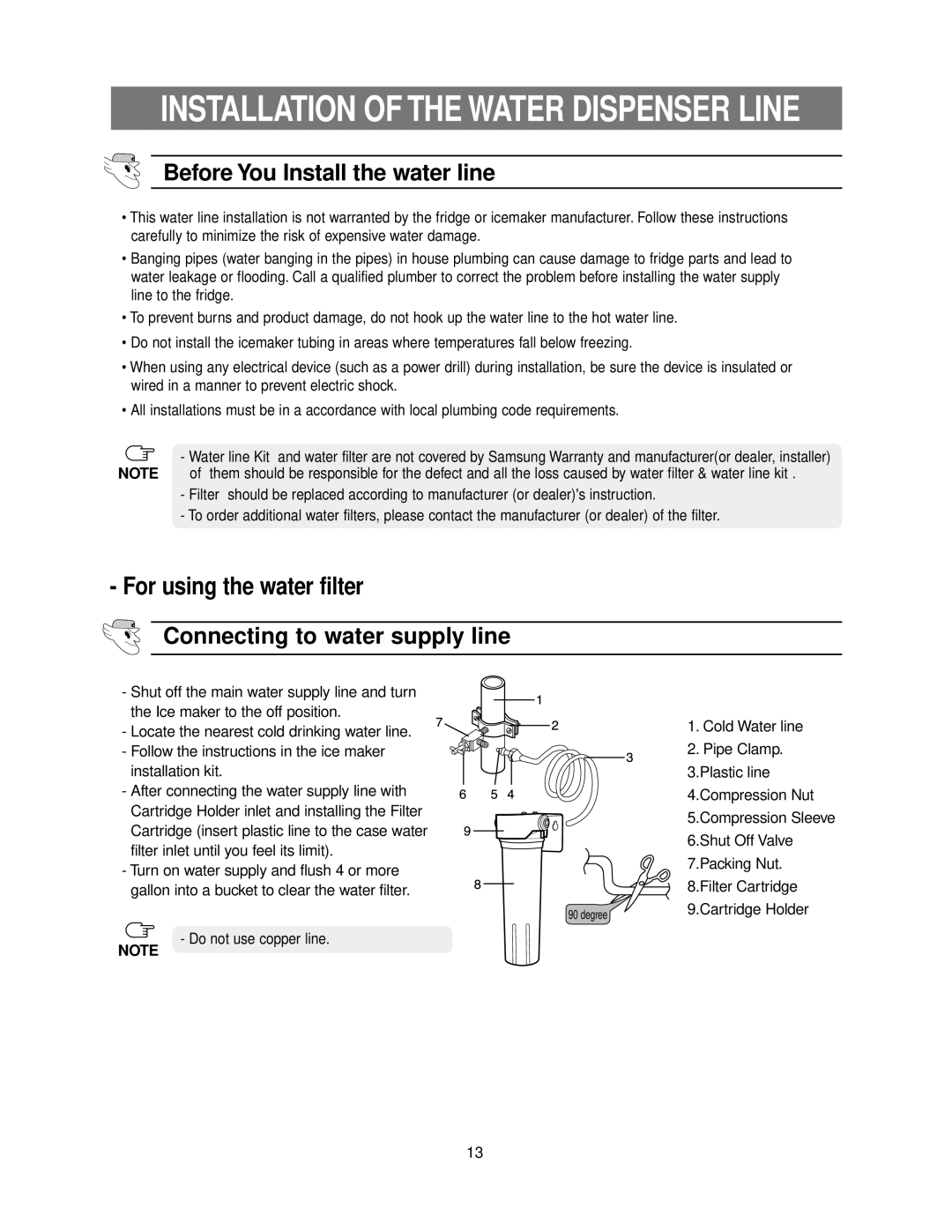 Samsung RB215LASH, RB215LABP Before You Install the water line, Connecting to water supply line, Cartridge Holder 