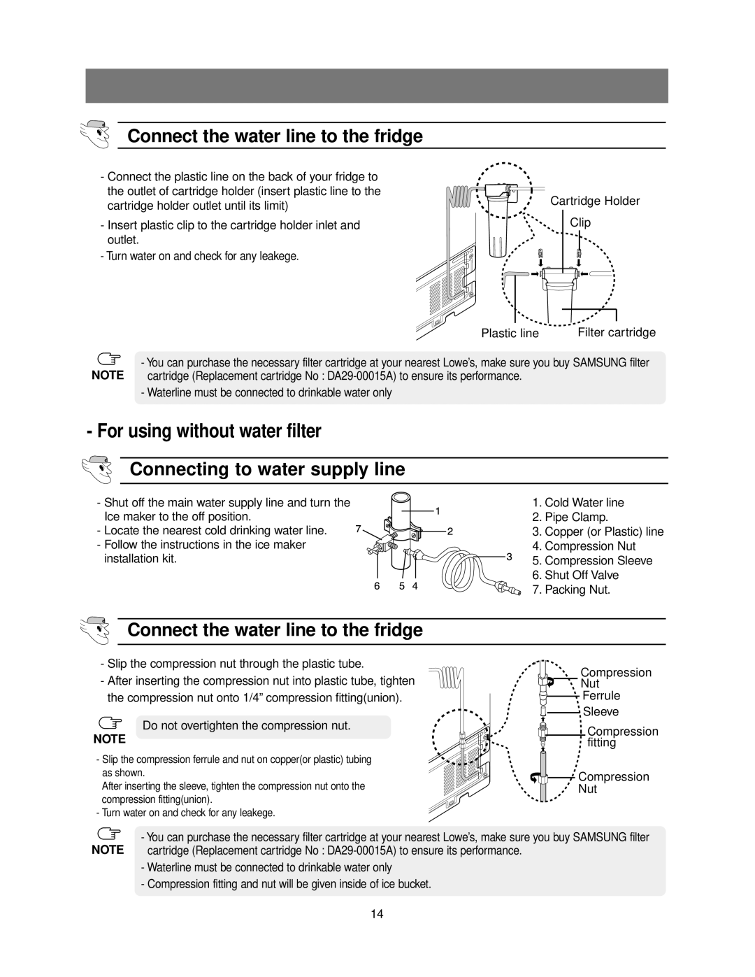 Samsung RB215LABP, RB215LASH Connect the water line to the fridge, Slip the compression nut through the plastic tube 