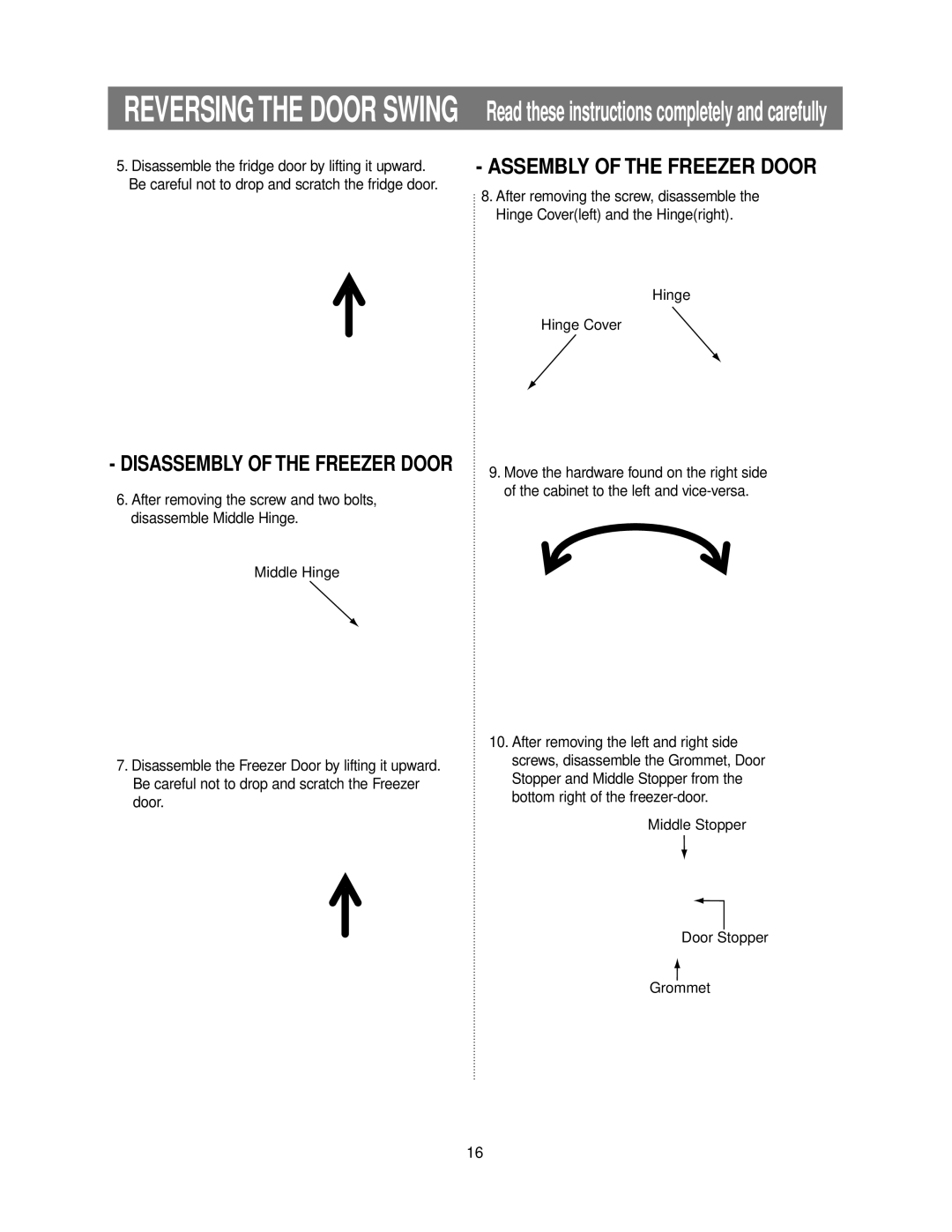 Samsung RB215LABP, RB215LASH owner manual Reversing the Door Swing, Disassemble the fridge door by lifting it upward 