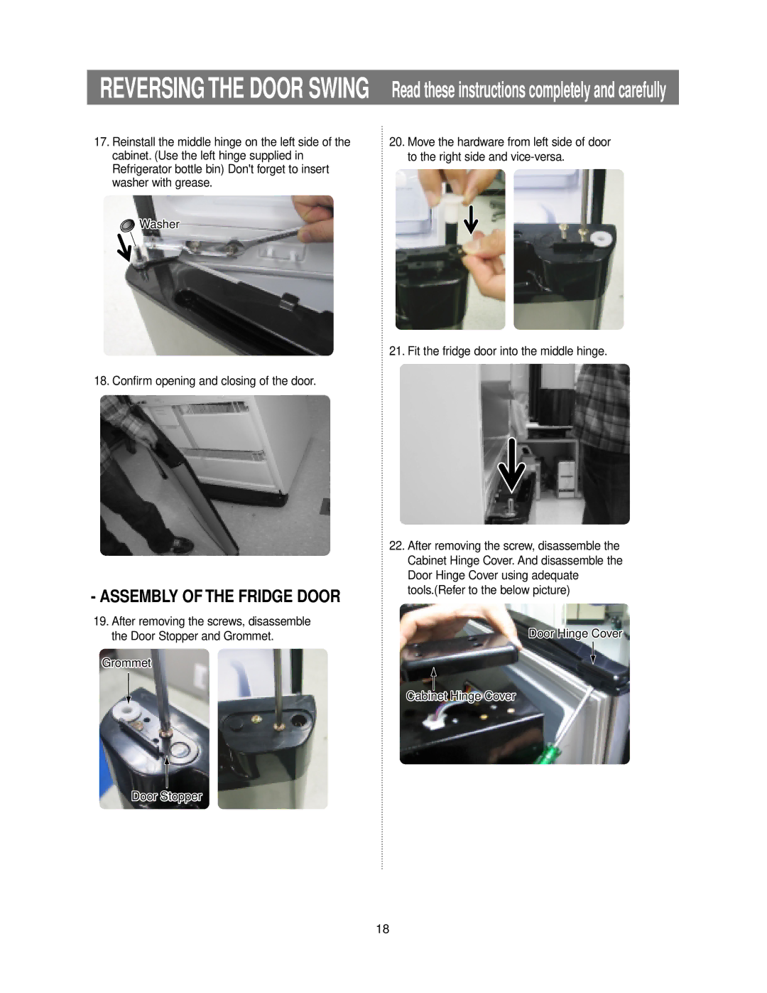 Samsung RB215LABP, RB215LASH owner manual Assembly of the Fridge Door, Door Hinge Cover Cabinet Hinge Cover 