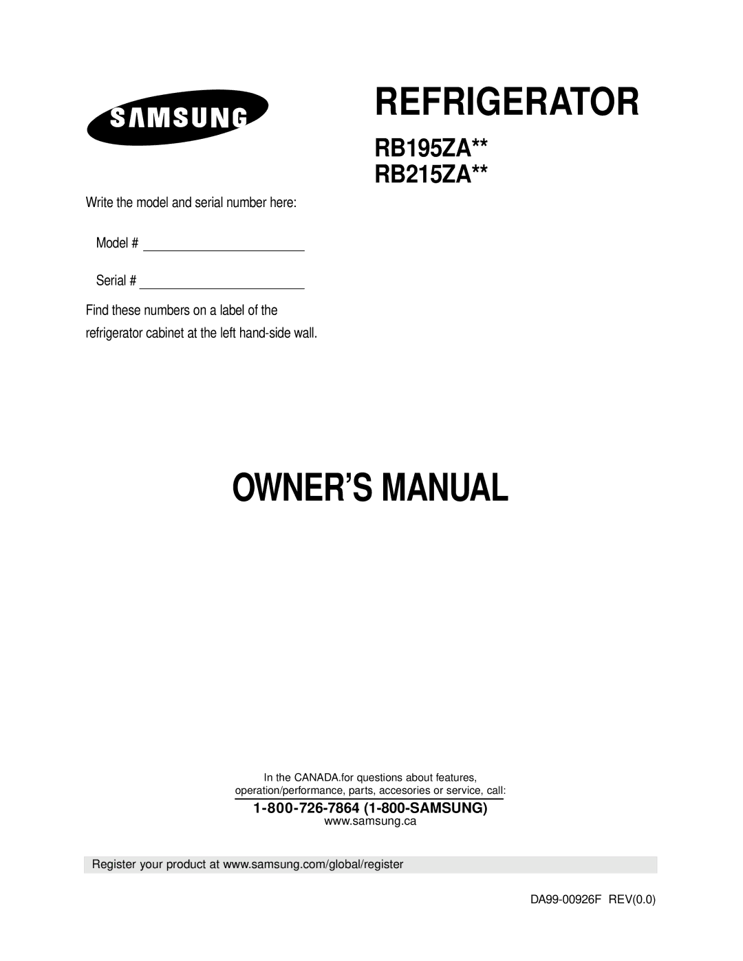 Samsung RB195ZA**, RB215ZA** owner manual Refrigerator, DA99-00926F REV0.0 