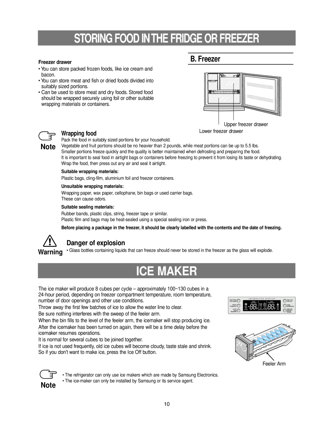 Samsung RB215ZA**, RB195ZA** owner manual ICE Maker, Freezer drawer, Upper freezer drawer, Lower freezer drawer 