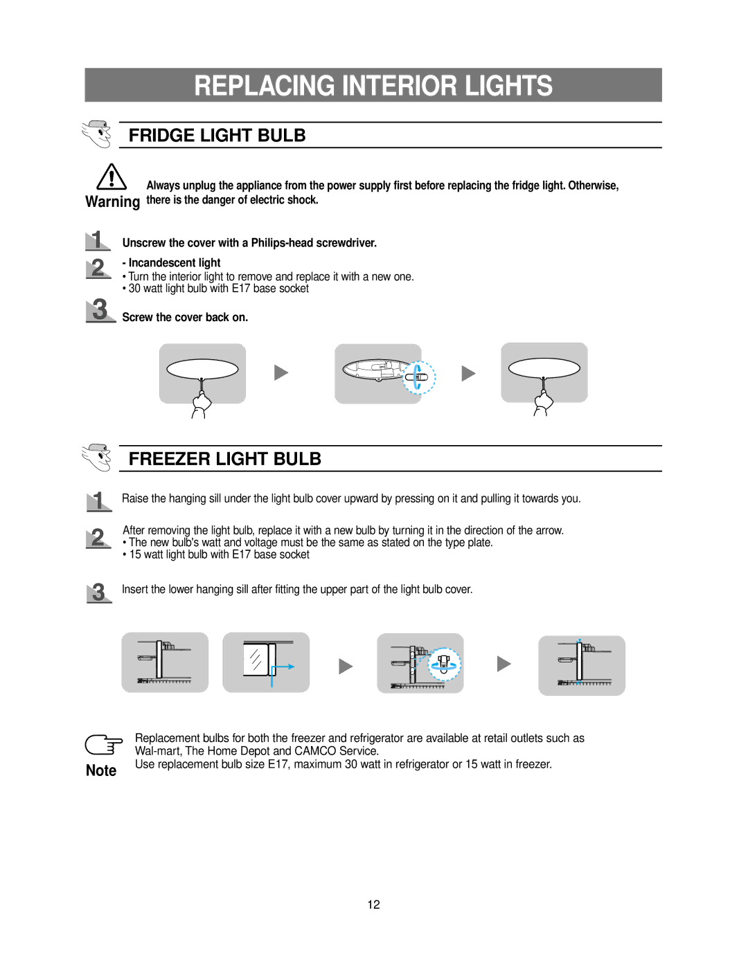 Samsung RB215ZA** Replacing Interior Lights, Screw the cover back on, Wal-mart, The Home Depot and Camco Service 