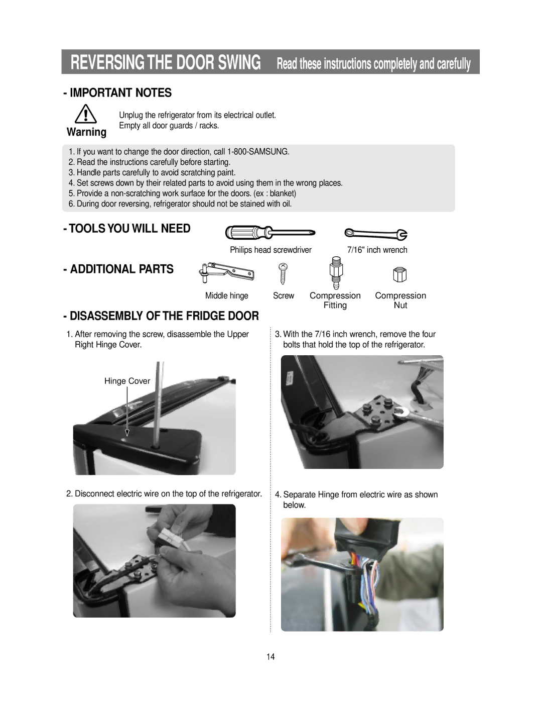 Samsung RB215ZA**, RB195ZA** Philips head screwdriver, Middle hinge Screw Compression Fitting Nut, Hinge Cover, Below 