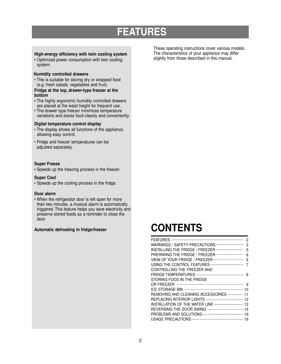 Samsung RB215ZA**, RB195ZA** owner manual Features, Contents 