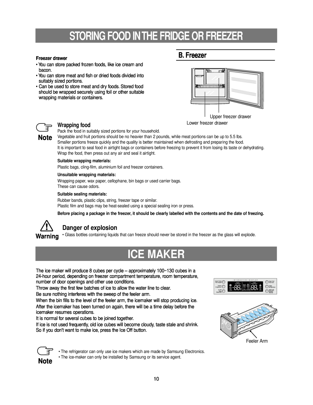 Samsung RB215ZA**, RB195ZA** owner manual Ice Maker, B. Freezer, Danger of explosion, Wrapping food, Freezer drawer 
