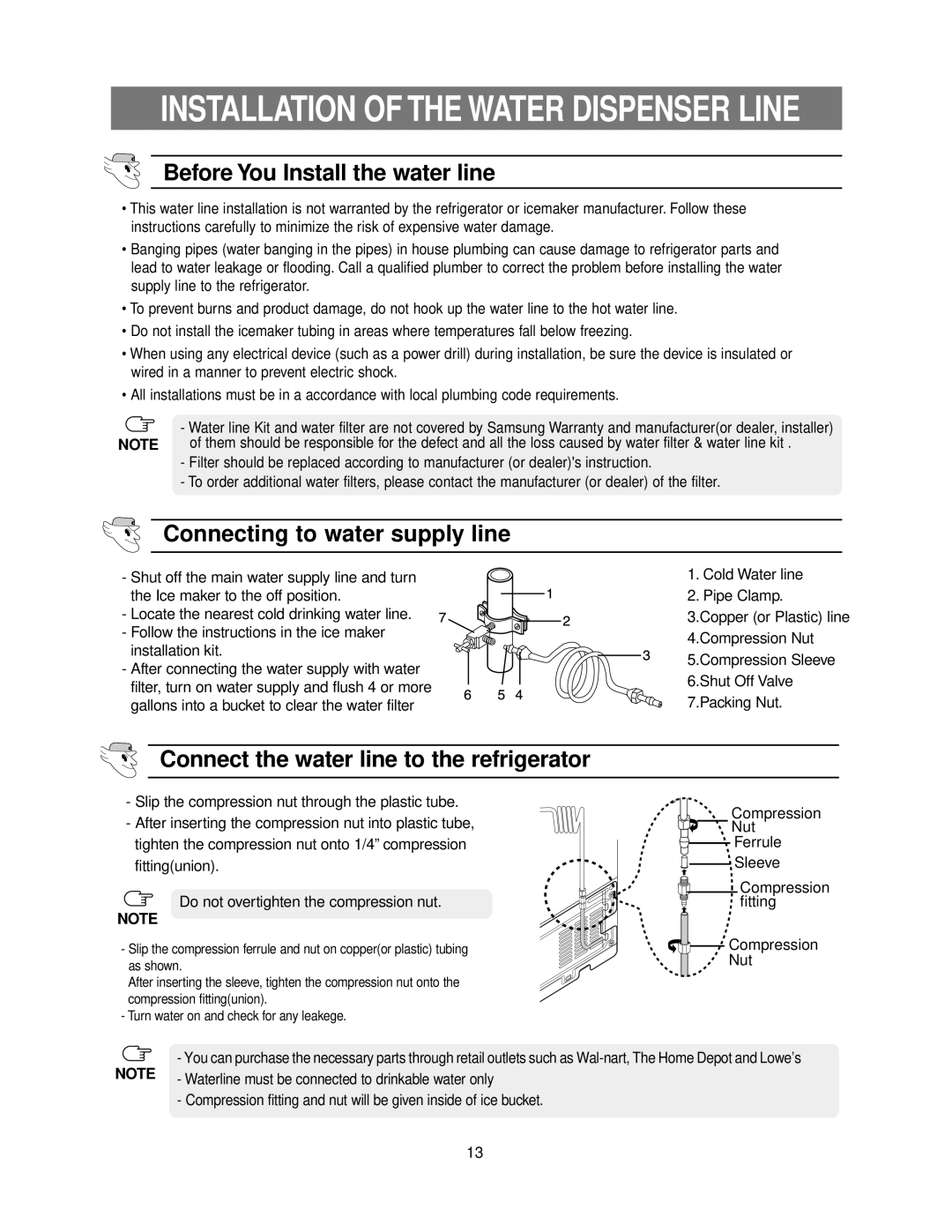 Samsung RB195ZASH, RB215ZASW, RB215ZAVQ, RB195ZABB Installation kit, Waterline must be connected to drinkable water only 