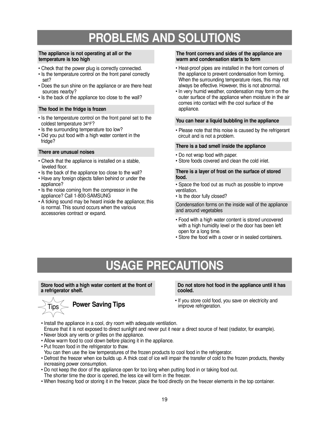 Samsung RB215ZASH, RB215ZASW, RB215ZAVQ, RB195ZABB, RB215ZABB, RB195ZASH, RB195ZASW Problems and Solutions, Usage Precautions 