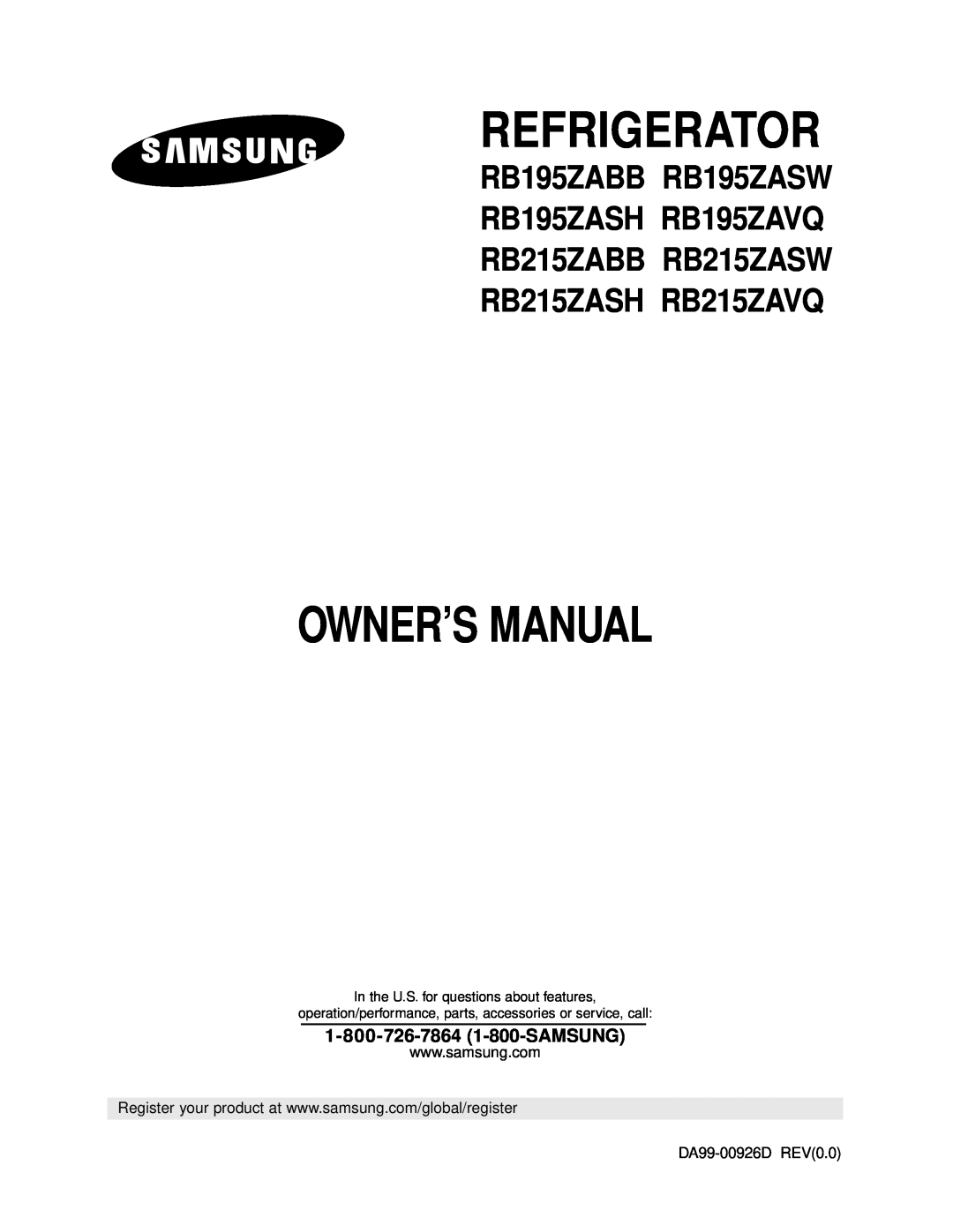 Samsung RB215ZAVQ, RB215ZASH owner manual Refrigerator, RB195ZABB RB195ZASW RB195ZASH RB195ZAVQ RB215ZABB RB215ZASW 