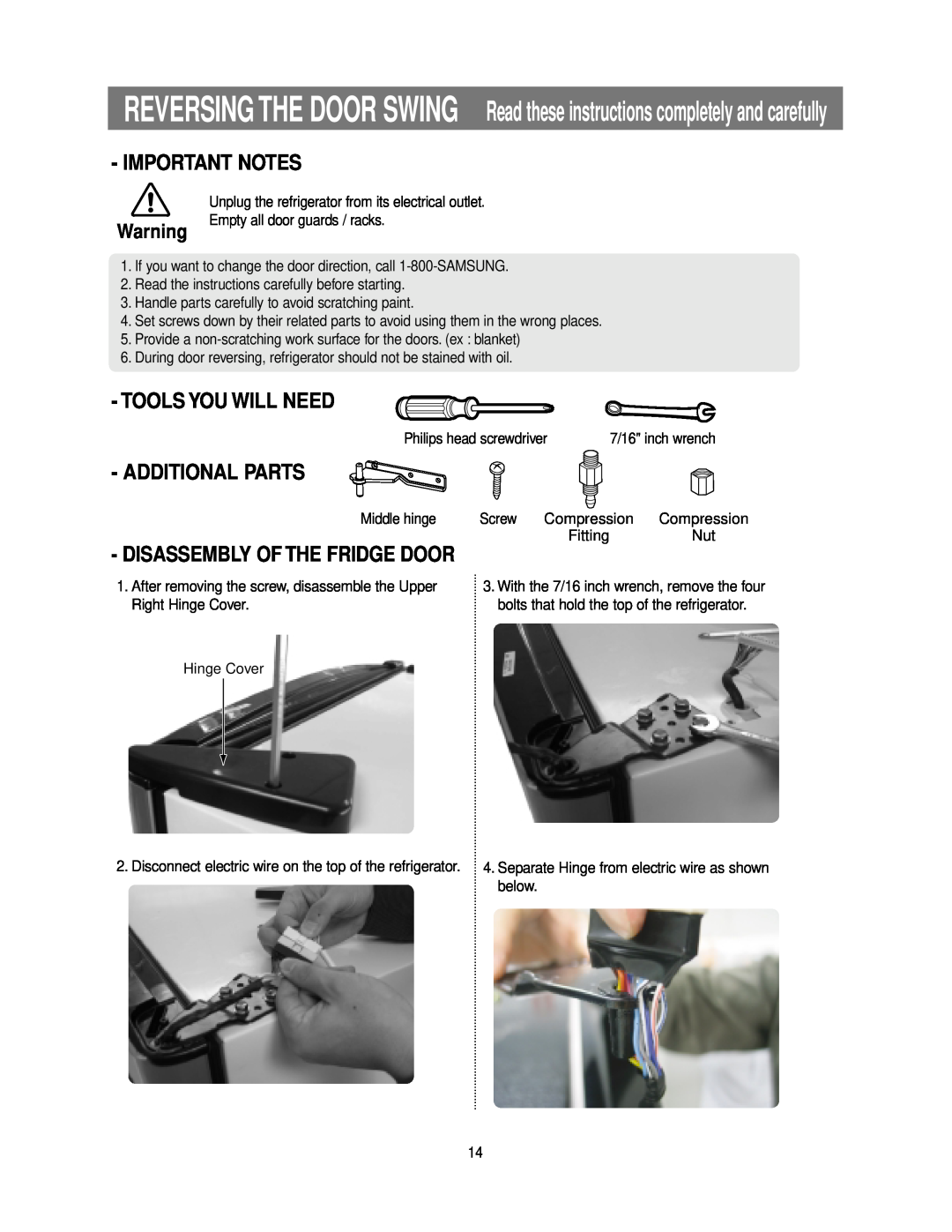 Samsung RB195ZASW, RB215ZASW Important Notes, Tools You Will Need, Additional Parts, Disassembly Of The Fridge Door 