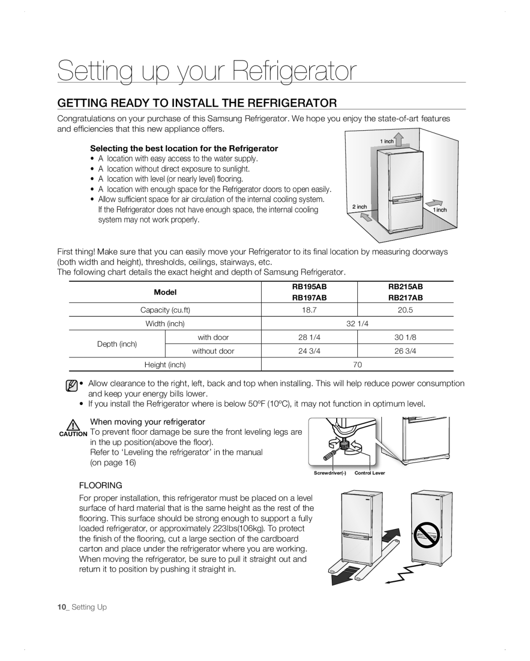 Samsung RB215AB, RB217AB, RB197AB, RB195AB user manual Setting up your Refrigerator, GEttinG READy to instALL tHE REFRiGERAtoR 