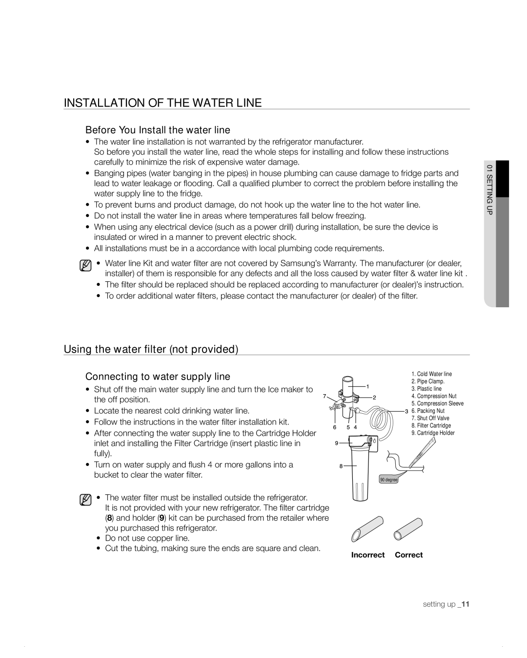 Samsung RB195AB Installation of the water line, Before You Install the water line, Connecting to water supply line 