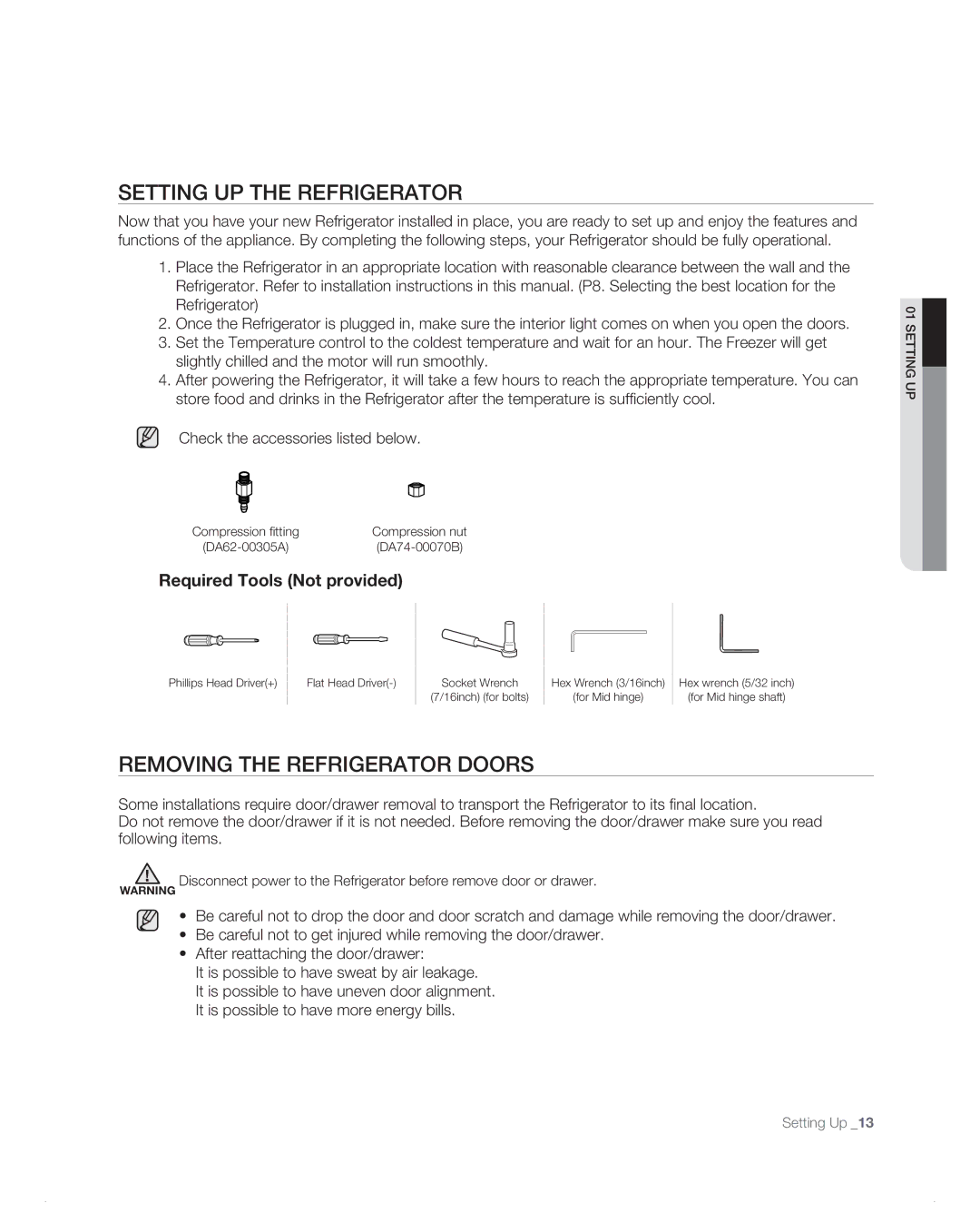 Samsung RB197AB, RB217AB, RB215AB, RB195AB user manual Setting uP tHe ReFRigeRAtoR, Removing the refrigerator doors 