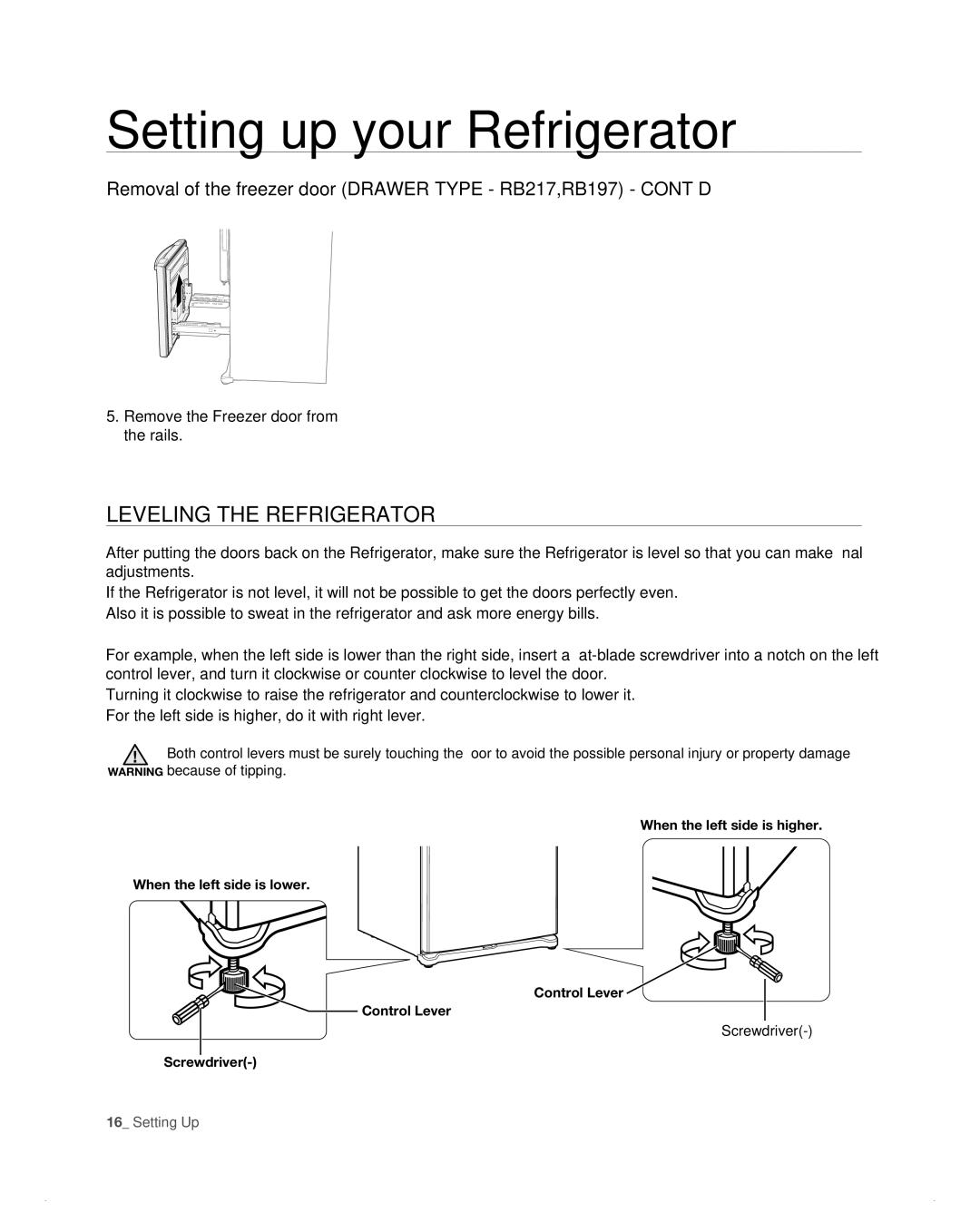 Samsung RB217AB, RB197AB, RB215AB Leveling the refrigerator, Removal of the freezer door Drawer Type RB217,RB197 CONT’D 