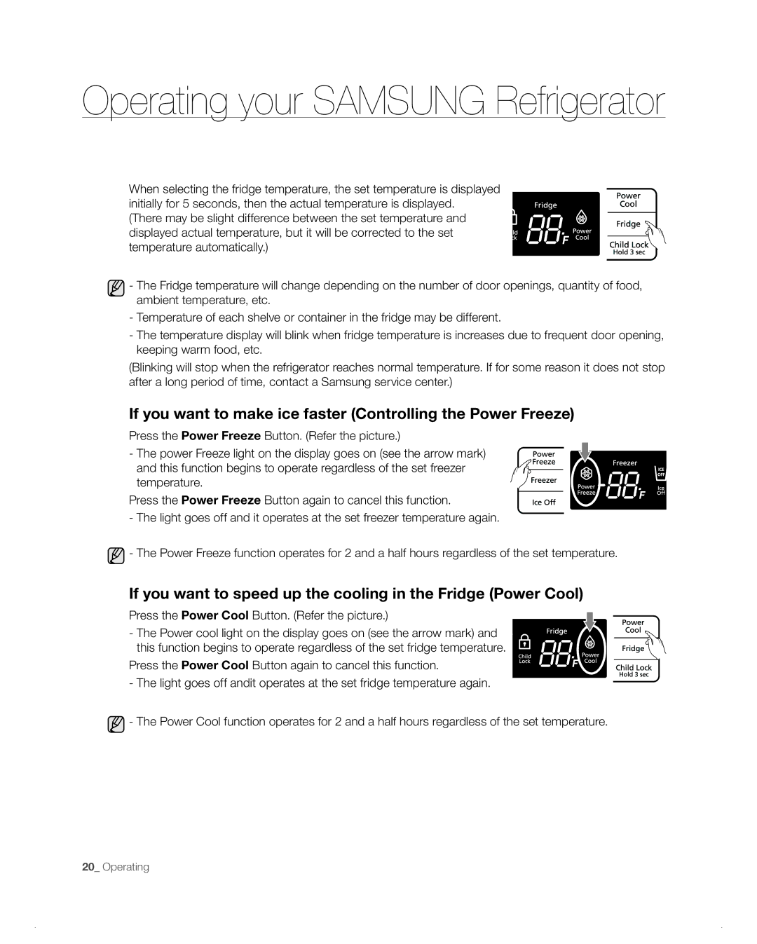 Samsung RB217AB, RB197AB, RB215AB, RB195AB user manual If you want to speed up the cooling in the Fridge Power Cool 