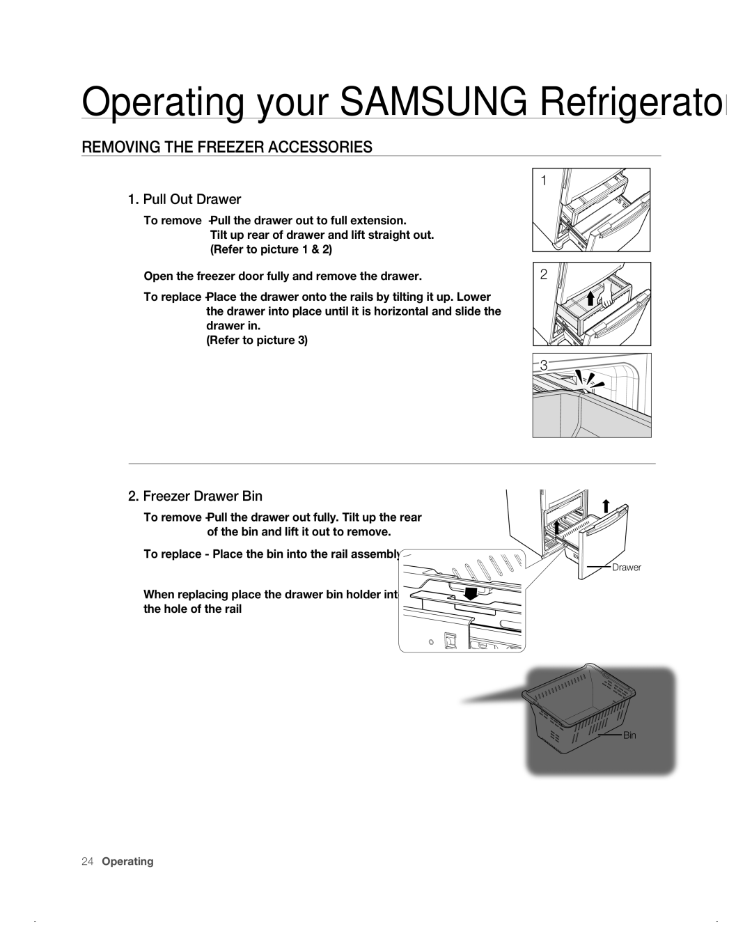 Samsung RB217AB, RB197AB, RB215AB, RB195AB user manual Pull Out Drawer, Freezer Drawer Bin 