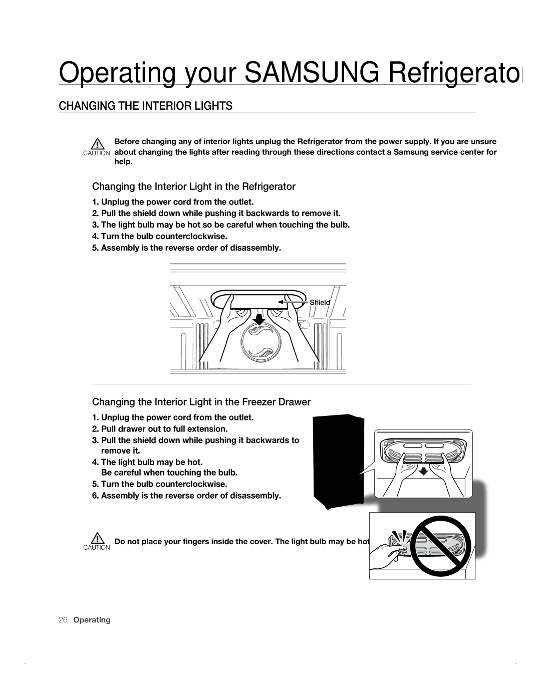 Samsung RB215AB, RB217AB, RB197AB, RB195AB Changing the Interior LigHtS, Changing the Interior Light in the Refrigerator 