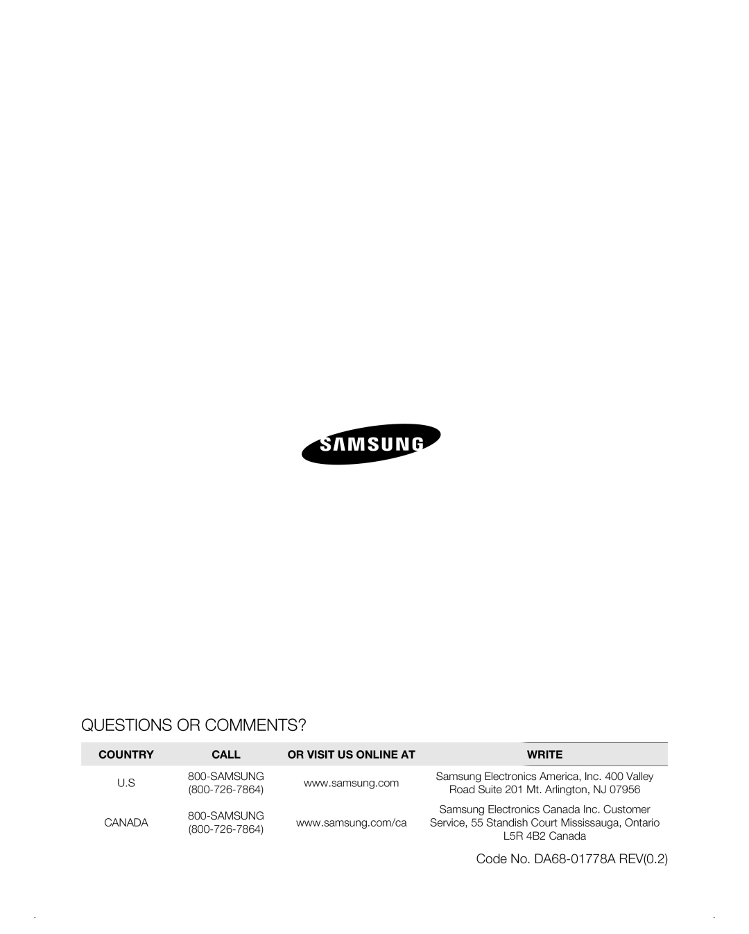 Samsung RB217AB, RB197AB, RB215AB, RB195AB user manual Questions or COMMENTS?, Code No. DA68-01778A REV0.2 