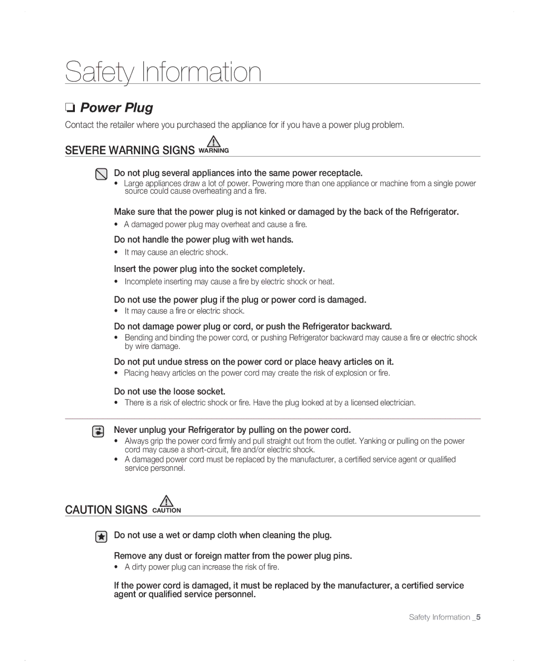 Samsung RB197AB, RB217AB Do not handle the power plug with wet hands, Insert the power plug into the socket completely 