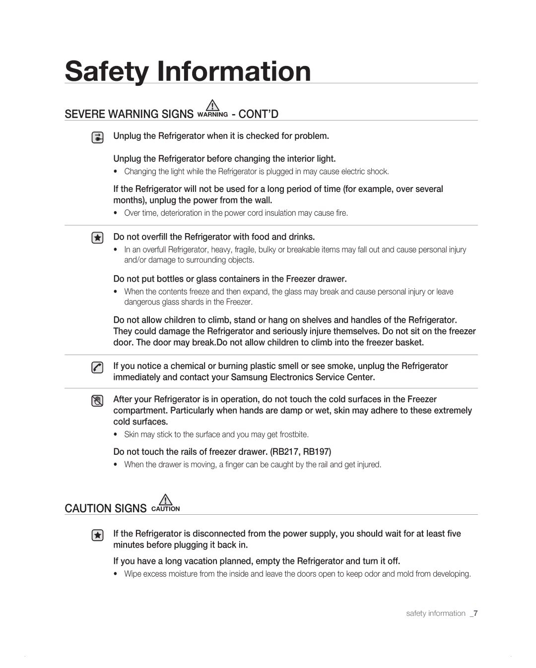 Samsung RB195AB, RB217AB, RB197AB, RB215AB user manual Do not overfill the Refrigerator with food and drinks 