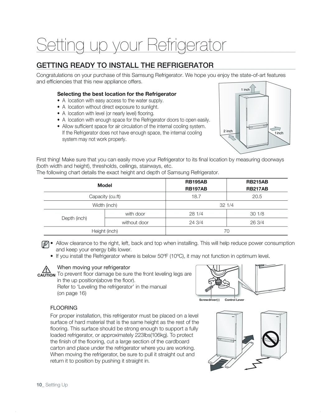 Samsung RB215AB, RB217AB, RB197AB, RB195AB user manual Setting up your Refrigerator, GEttinG READy to instALL tHE REFRiGERAtoR 