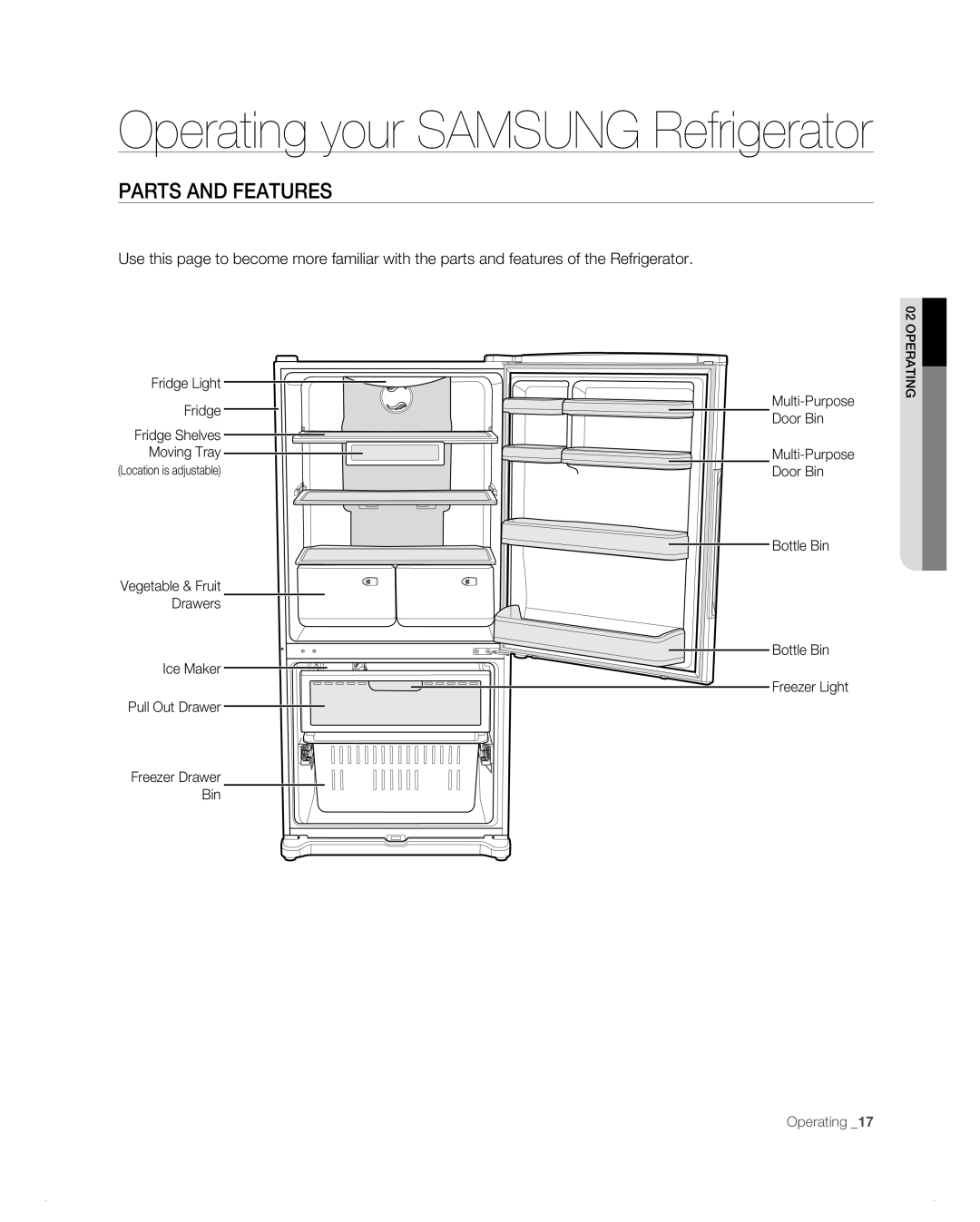 Samsung RB197AB, RB217AB Parts And Features, Operating your SAMSUNG Refrigerator, Fridge Light, Door Bin, Fridge Shelves 