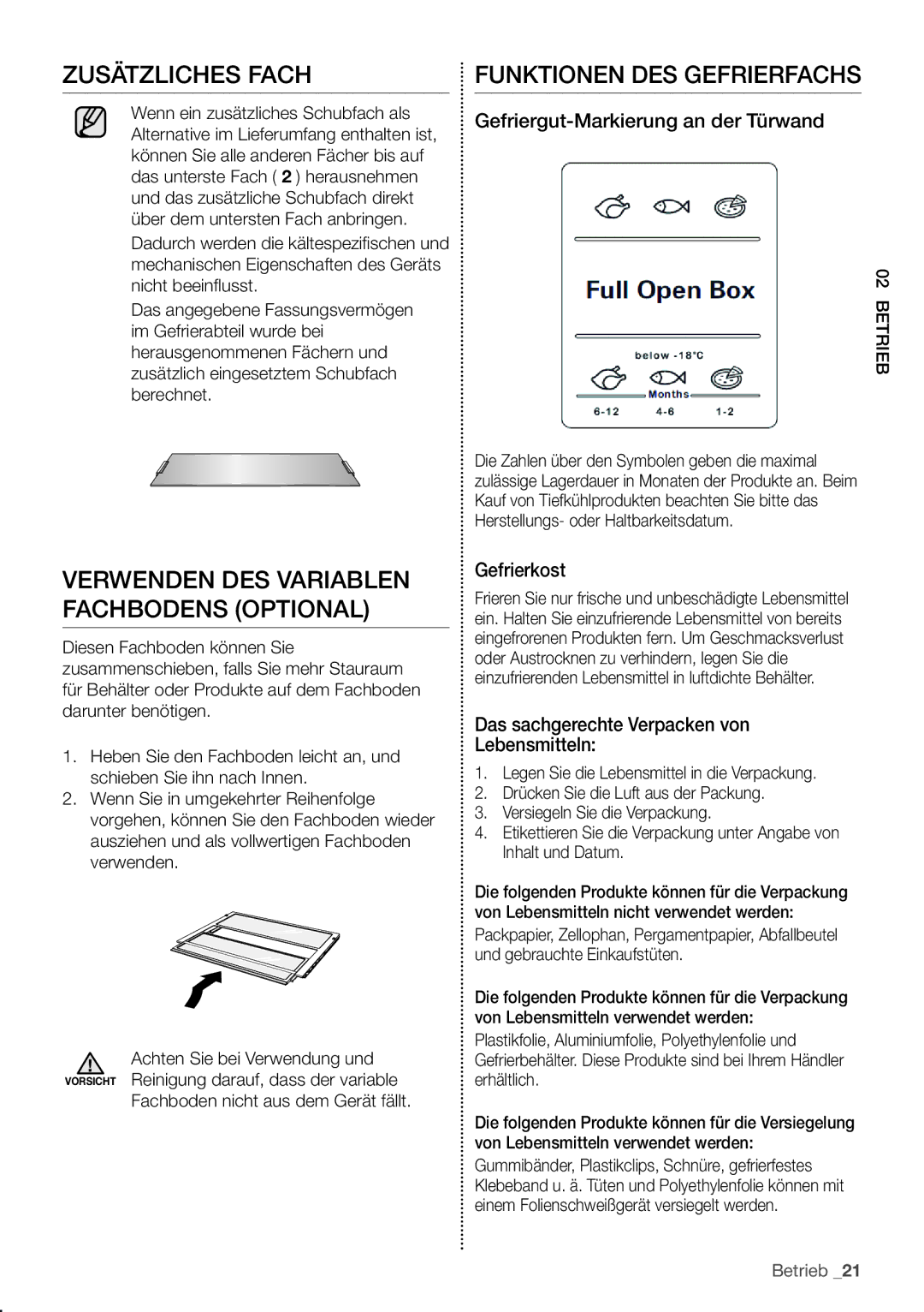 Samsung RB29HER2CSA/EF Zusätzliches Fach, Funktionen DES Gefrierfachs, Gefriergut-Markierung an der Türwand, Gefrierkost 