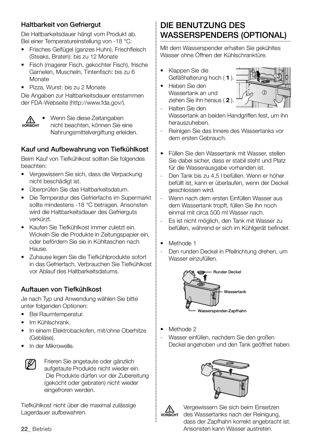 Samsung RB29FERNCSA/EF manual Haltbarkeit von Gefriergut, Kauf und Aufbewahrung von Tiefkühlkost, Auftauen von Tiefkühlkost 