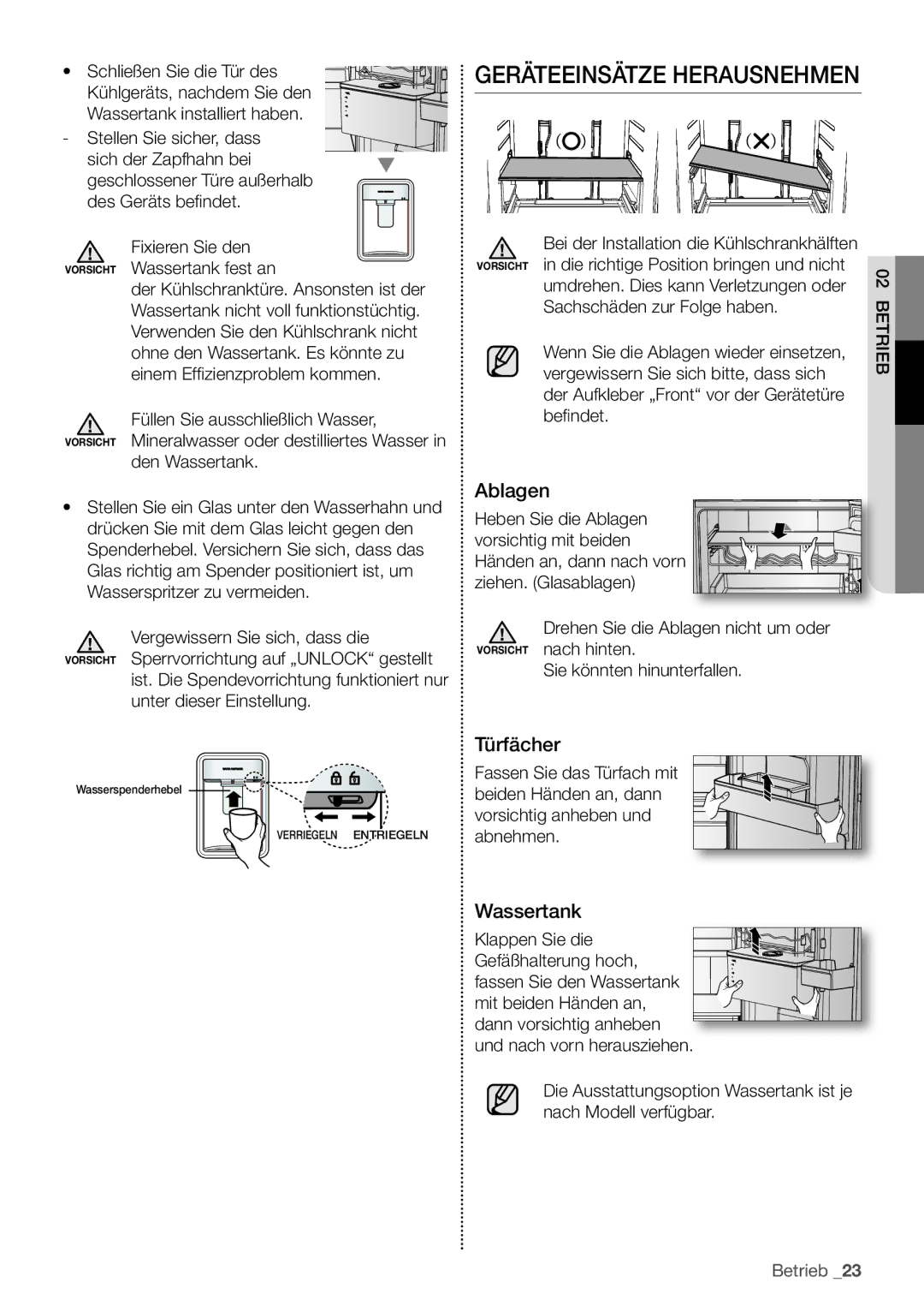 Samsung RB29HSR2DSA/EF, RB29FERNCSS/EF, RB29HER2CSA/EF manual Geräteeinsätze Herausnehmen, Ablagen, Türfächer, Wassertank 