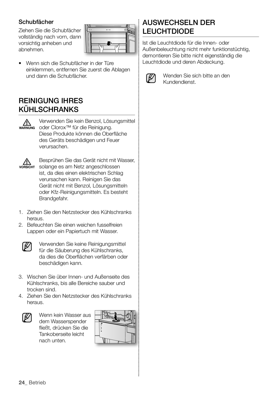 Samsung RB29FERNCWW/EF, RB29FERNCSS/EF manual Reinigung Ihres Kühlschranks, Auswechseln DER Leuchtdiode, Schubfächer 