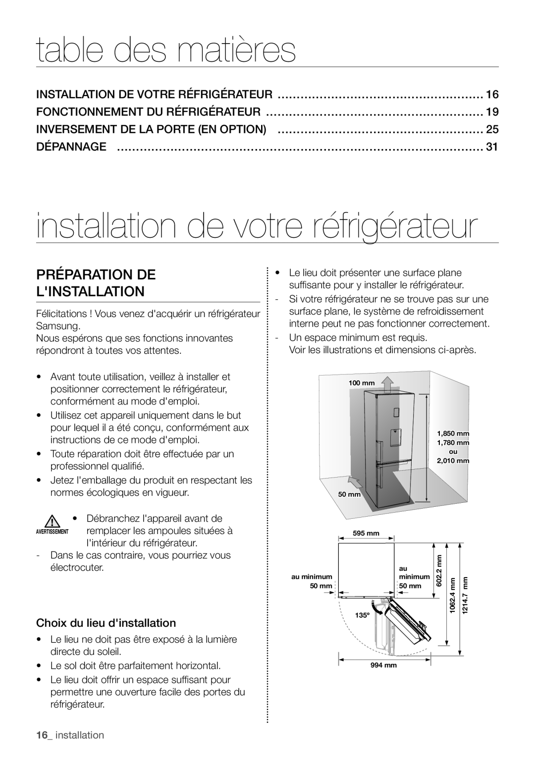 Samsung RB29FERNCSS/EF manual Table des matières, Installation de votre réfrigérateur, Préparation DE Linstallation 