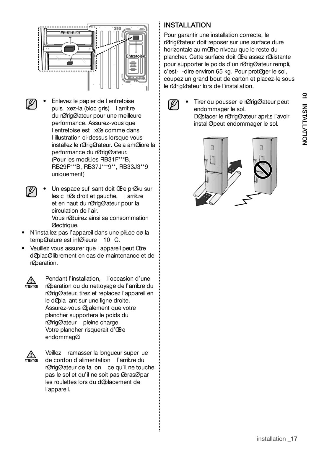 Samsung RB29HER2CSA/EF, RB29FERNCSS/EF manual Tirer ou pousser le réfrigérateur peut endommager le sol, 01installation 