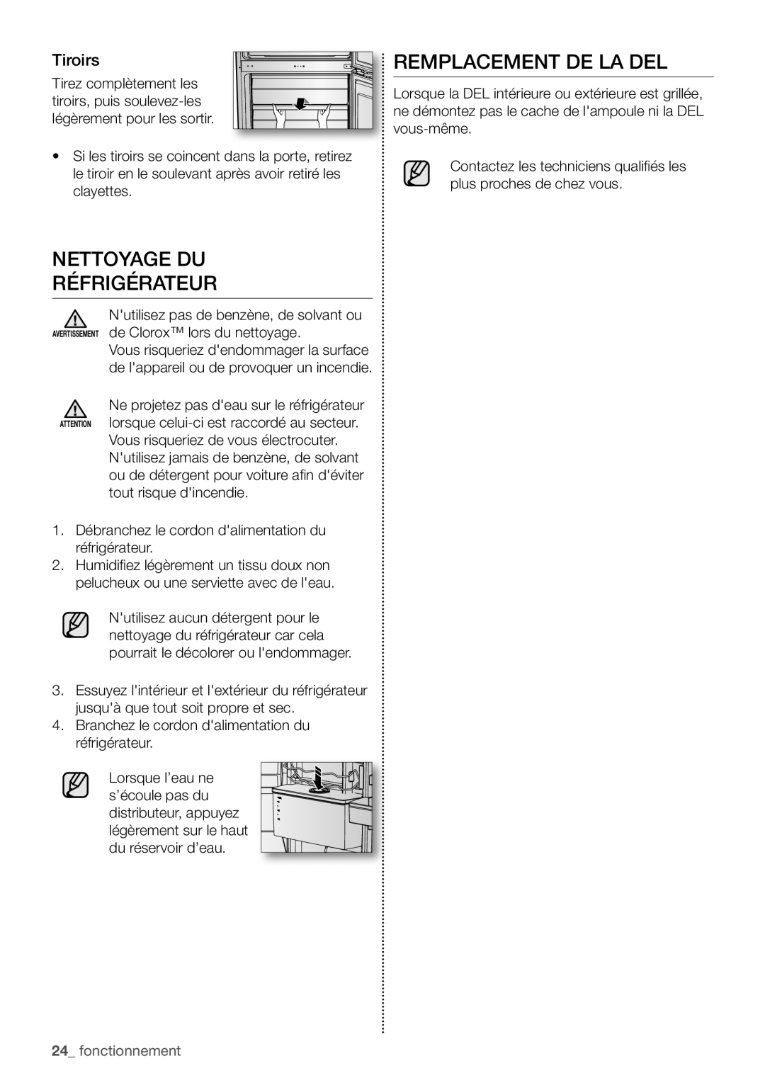 Samsung RB29HSR2DSA/EF, RB29FERNCSS/EF, RB29HER2CSA/EF manual Nettoyage DU Réfrigérateur Remplacement DE LA DEL, Tiroirs 