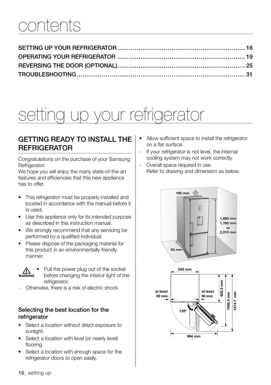 Samsung RB29FEJNCSA/ES, RB29HSR2DSA/EF, RB29FERNCWW/EF, RB29HSR2DSA/EG, RB29FERNDSA/ES Contents, Setting up your refrigerator 