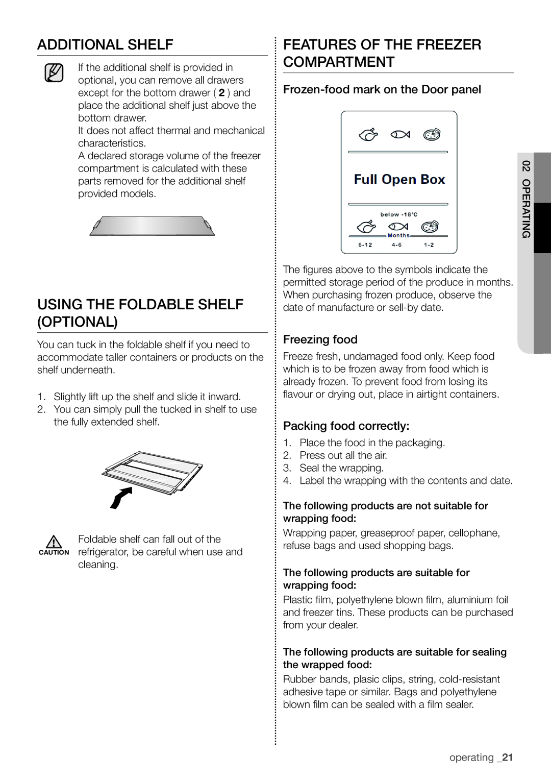 Samsung RB29FSRNDWW/ES manual Additional Shelf, Using the Foldable Shelf Optional, Features of the Freezer Compartment 