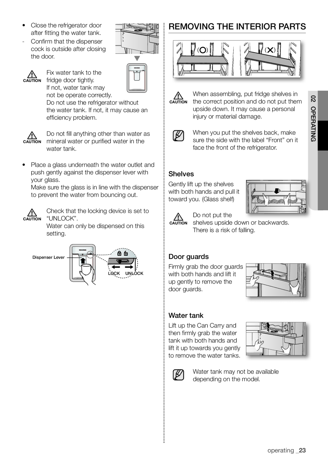 Samsung RB29FERNCWW/EF Removing the Interior Parts, Shelves, Door guards, Water tank, When assembling, put fridge shelves 