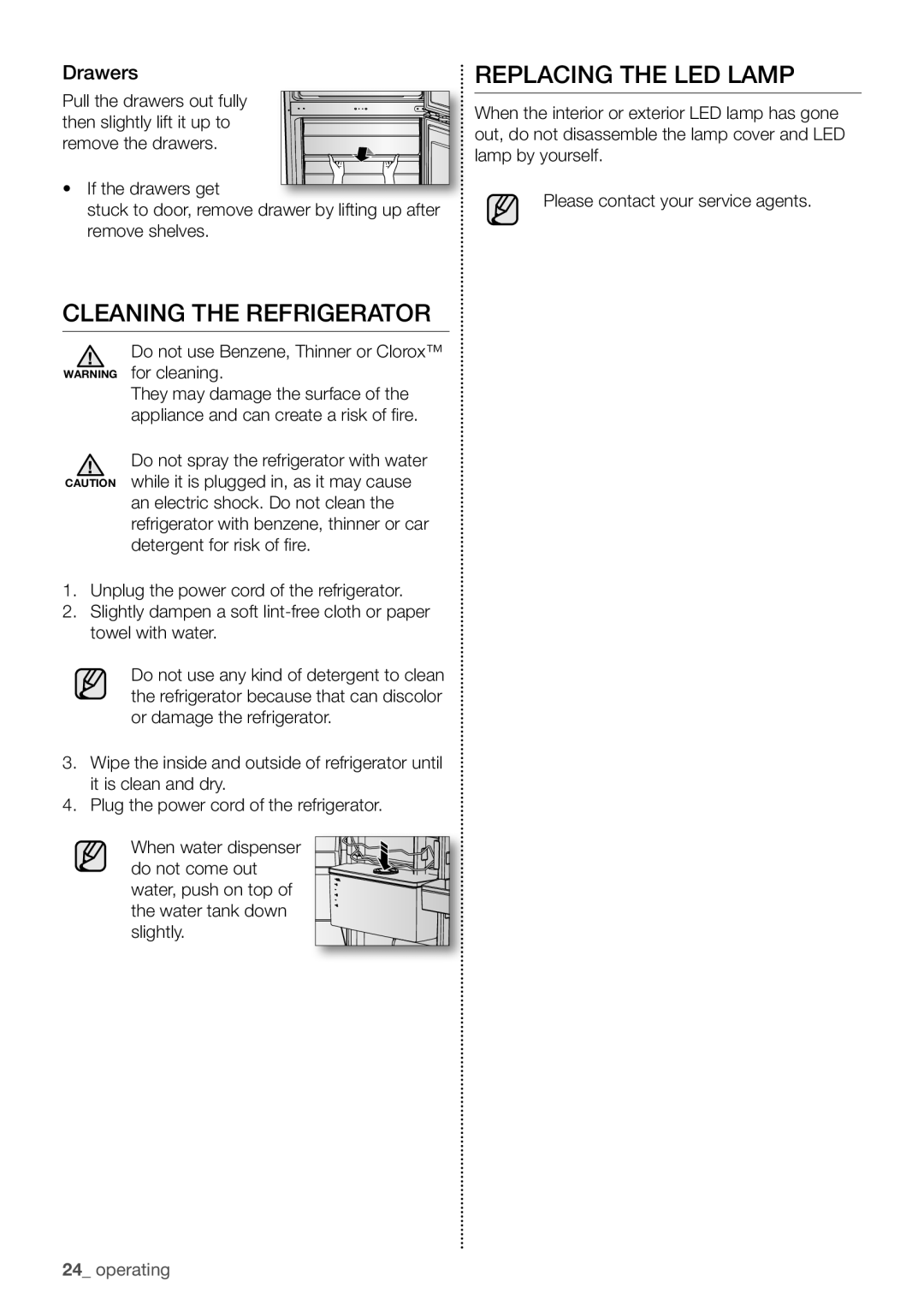 Samsung RB29HSR2DSA/EG, RB29HSR2DSA/EF, RB29FERNCWW/EF manual Cleaning the Refrigerator, Replacing the LED Lamp, Drawers 