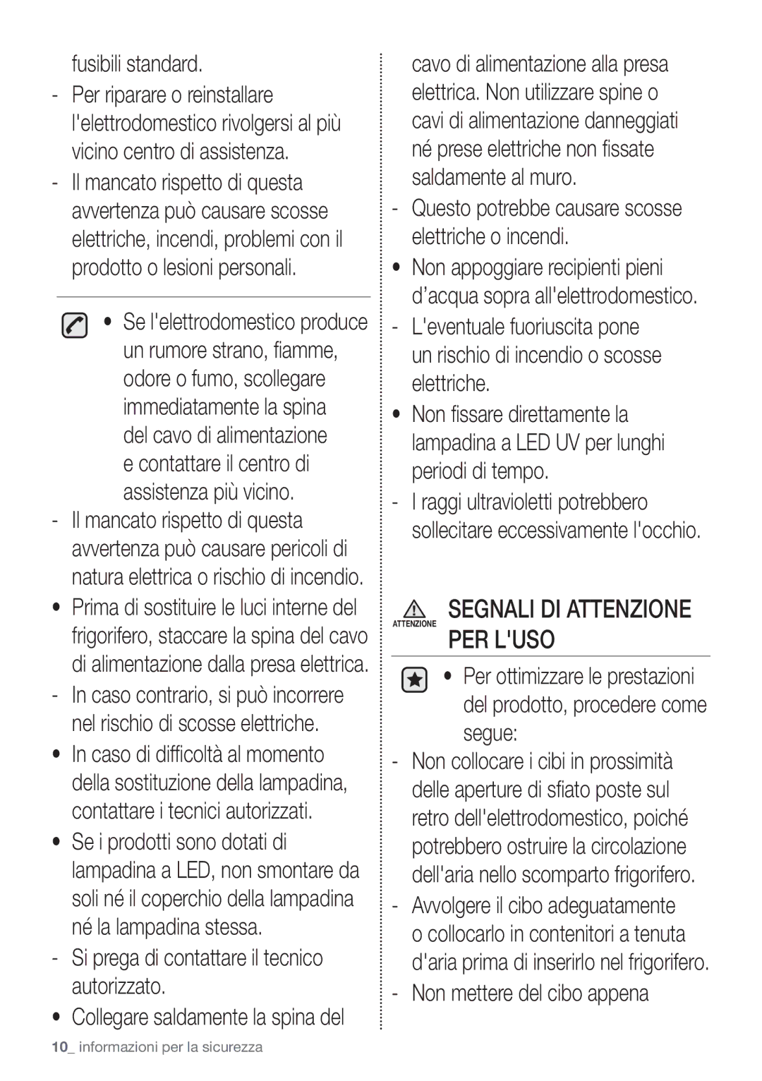 Samsung RB29FSRNDSA/ES manual Fusibili standard, Si prega di contattare il tecnico autorizzato, Non mettere del cibo appena 