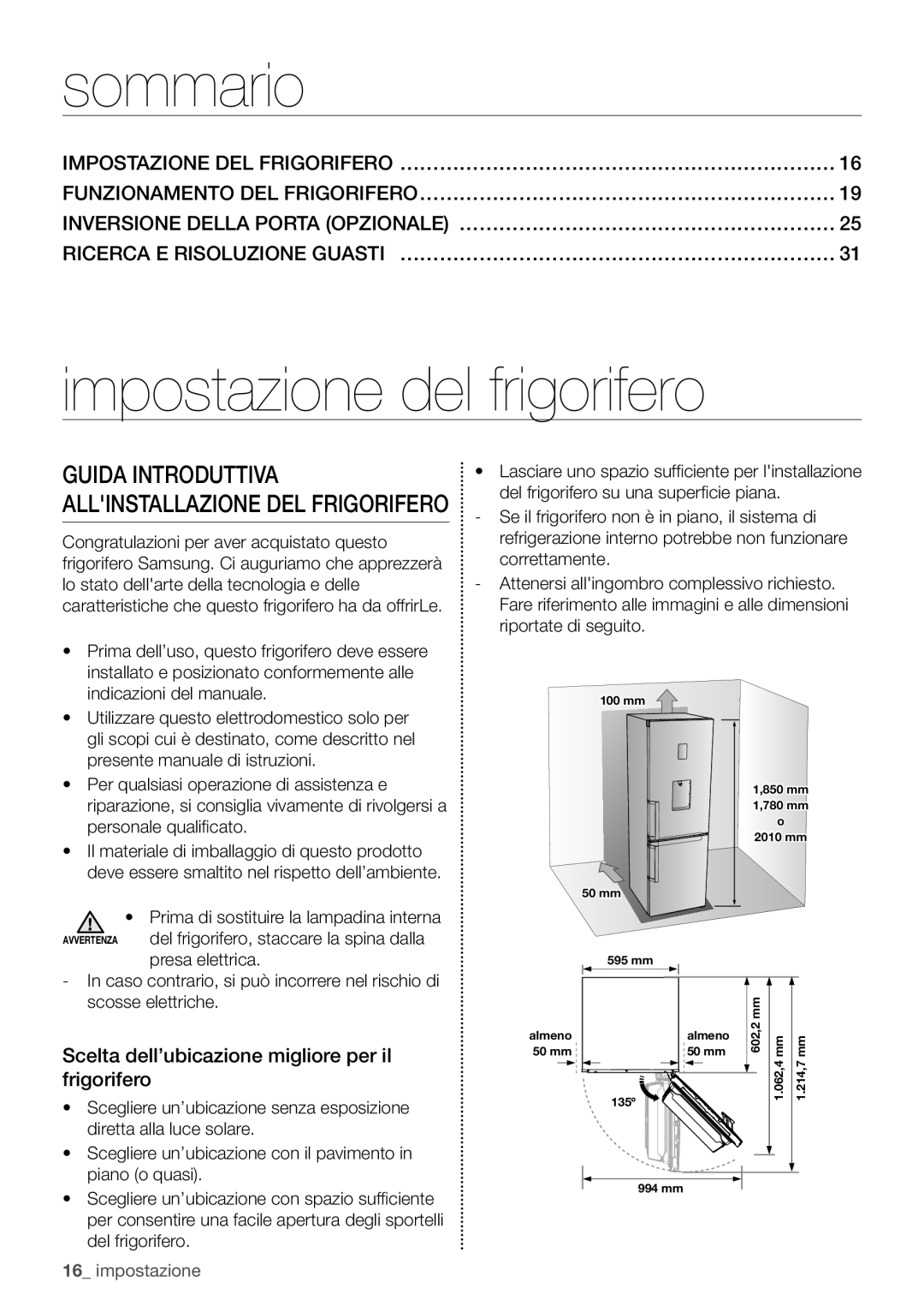 Samsung RB29HER2CSA/ES manual Sommario, Impostazione del frigorifero, Impostazione DEL FRIGORIFERO…………………………………………………………… 