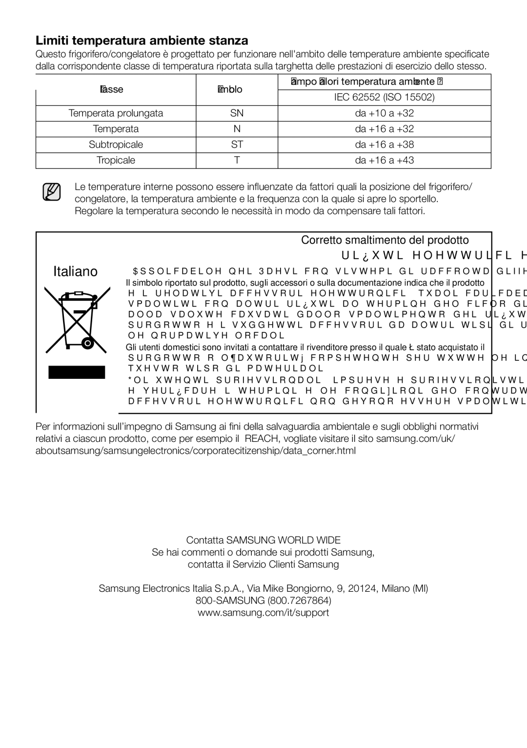 Samsung RB29FSRNDSA/ES manual Limiti temperatura ambiente stanza, Classe Simbolo Campo valori temperatura ambiente C 