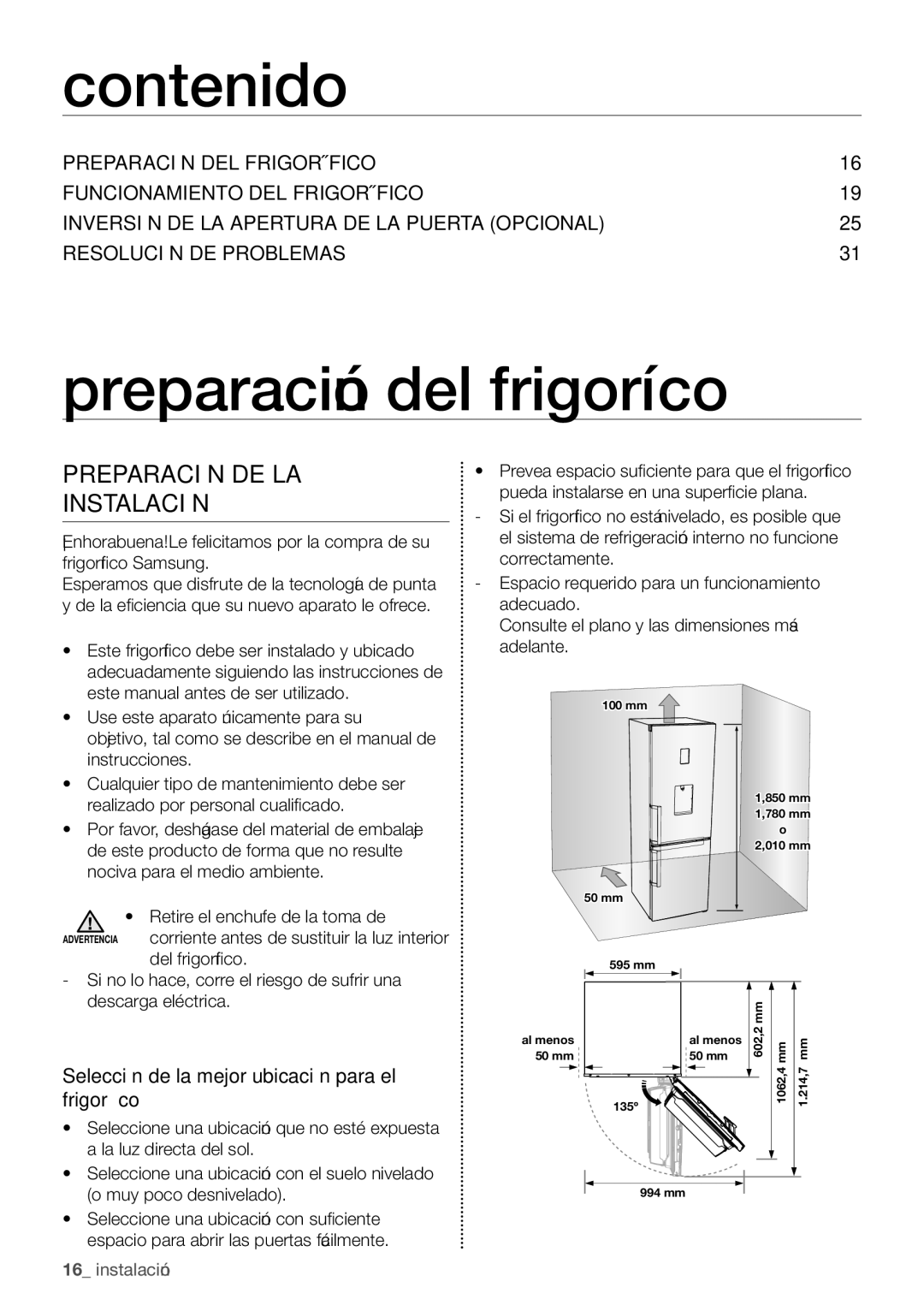 Samsung RB29FERNDSA/ES, RB29HSR2DSA/EF manual Contenido, Preparación del frigorífico, Preparación DE LA Instalación 