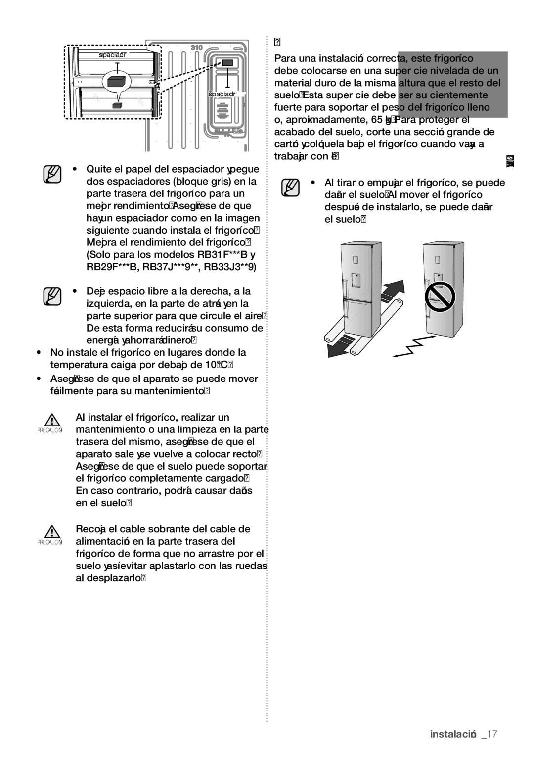 Samsung RB29HER2CSA/ES, RB29HSR2DSA/EF, RB29FERNCWW/EF manual Suelo, En caso contrario, podría causar daños en el suelo 