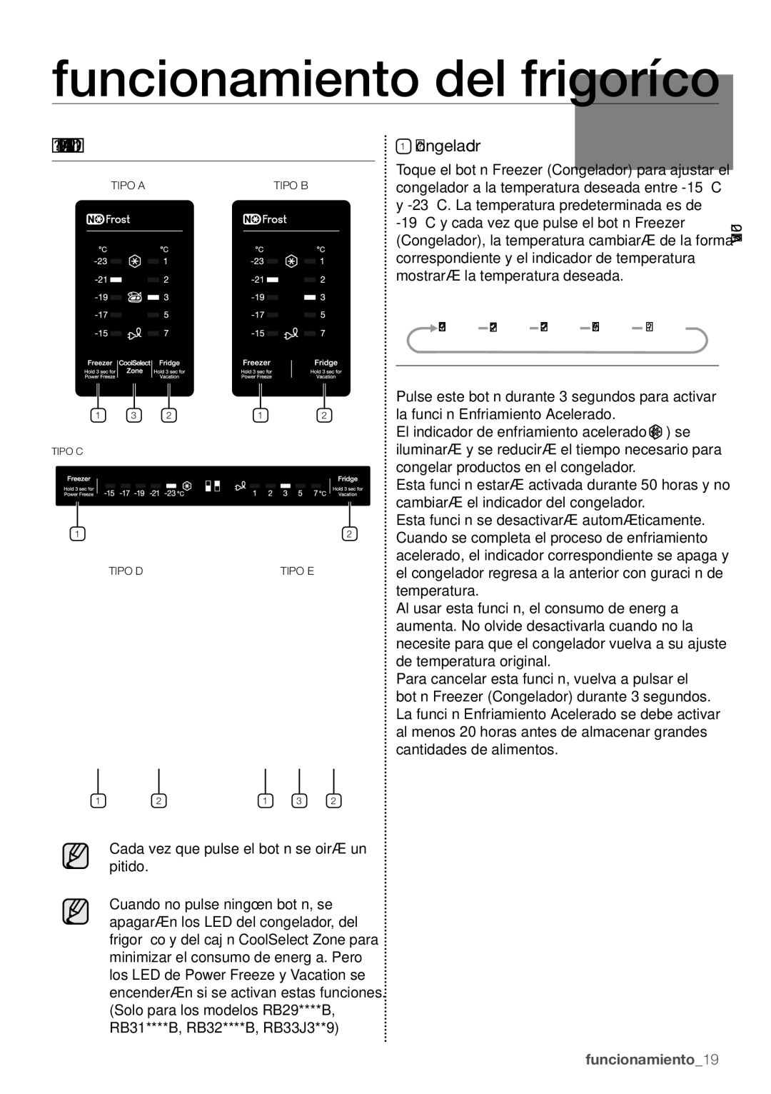 Samsung RB29FERNCSA/ES, RB29HSR2DSA/EF, RB29FERNCWW/EF Funcionamiento del frigorífico, USO DEL Panel DE Control, Congelador 