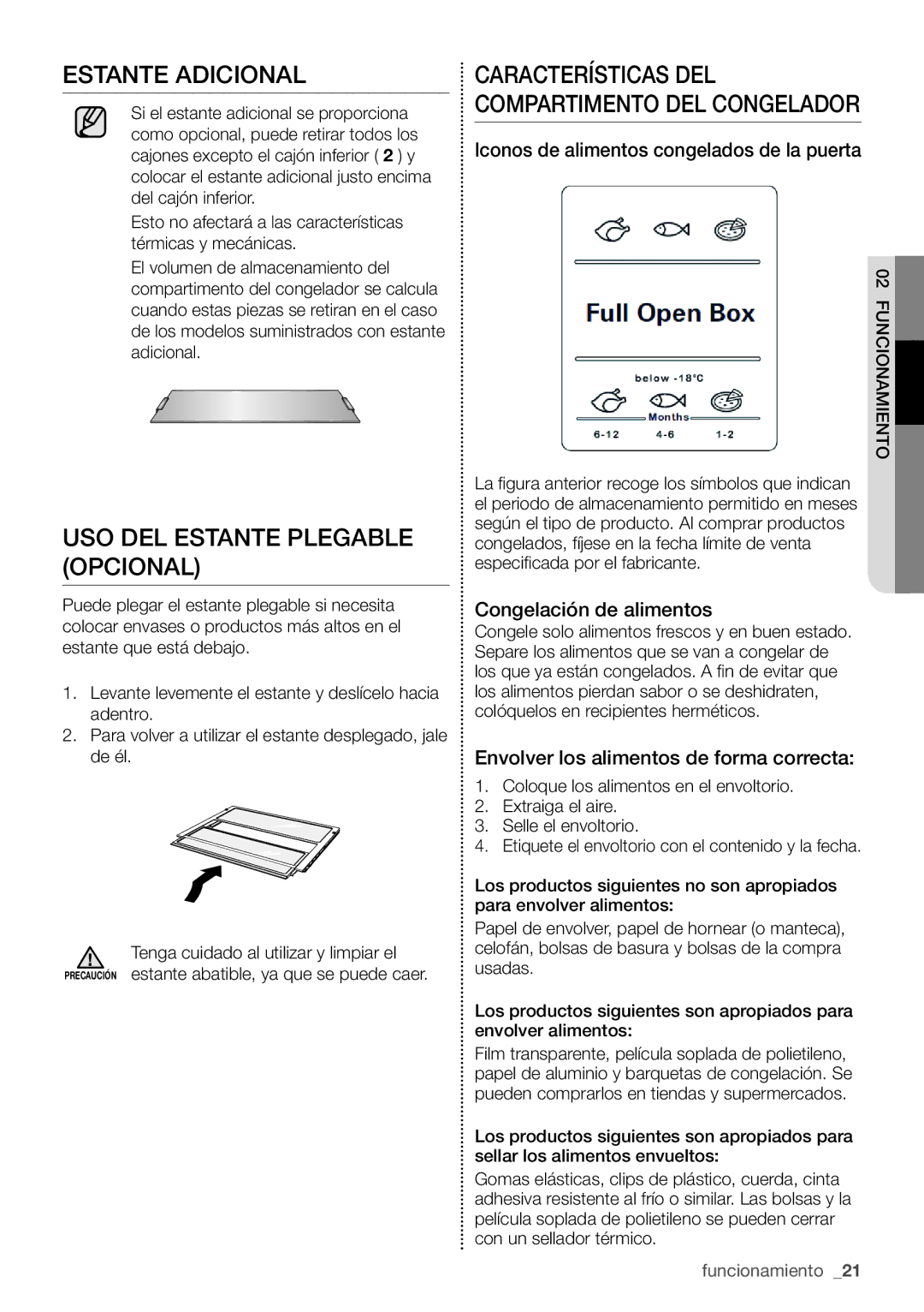 Samsung RB29HSR2DWW/ES Estante Adicional, USO DEL Estante Plegable Opcional, Iconos de alimentos congelados de la puerta 