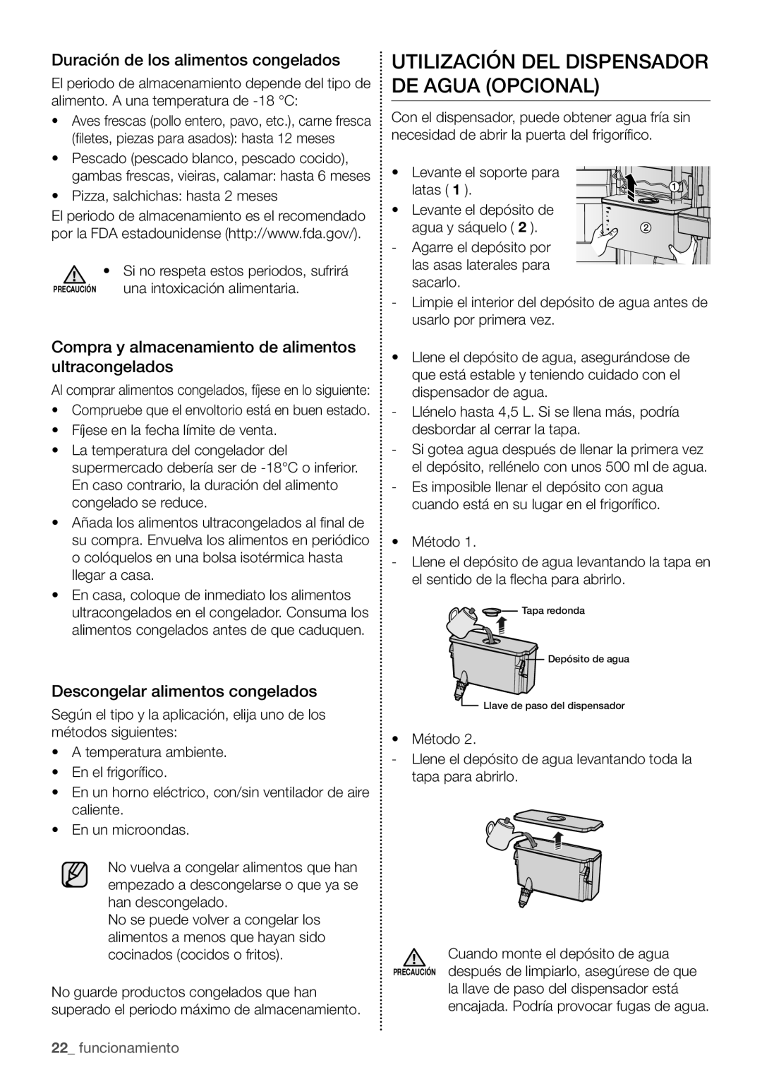 Samsung RB29FSRNDSA/ES, RB29HSR2DSA/EF Utilización DEL Dispensador DE Agua Opcional, Duración de los alimentos congelados 